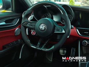 Alfa Romeo Giulia Custom Steering Wheel - Carbon Fiber - Round Top/ Flat Bottom - QV Models - Perforated Leather 